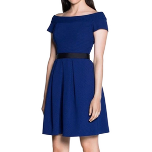 CUE Off the Shoulder Skater Dress Royal Blue Lined Fit & Flare Pockets Pleated 8